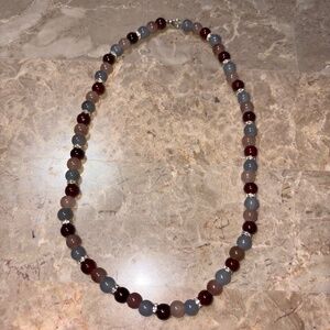 NWOT Trendy Gray,Beige, Necklace With Glass Beads & Silver Rhinestones Spacers